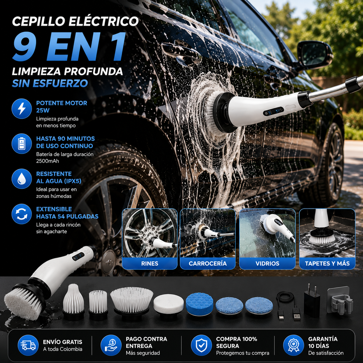 Cepillo Eléctrico Inalámbrico 9 en 1 | Limpieza Profunda Sin Esfuerzo