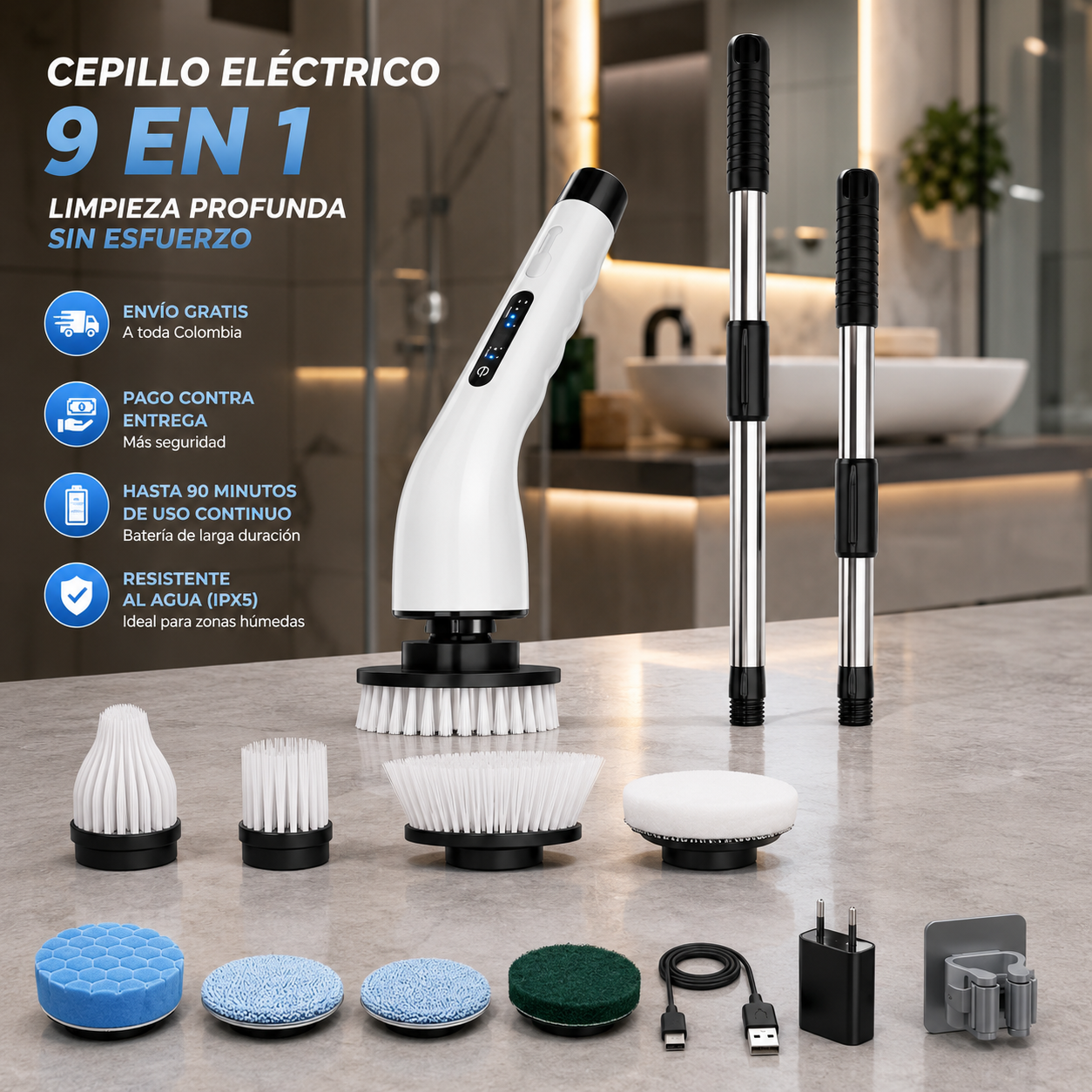 Cepillo Eléctrico Inalámbrico 9 en 1 | Limpieza Profunda Sin Esfuerzo