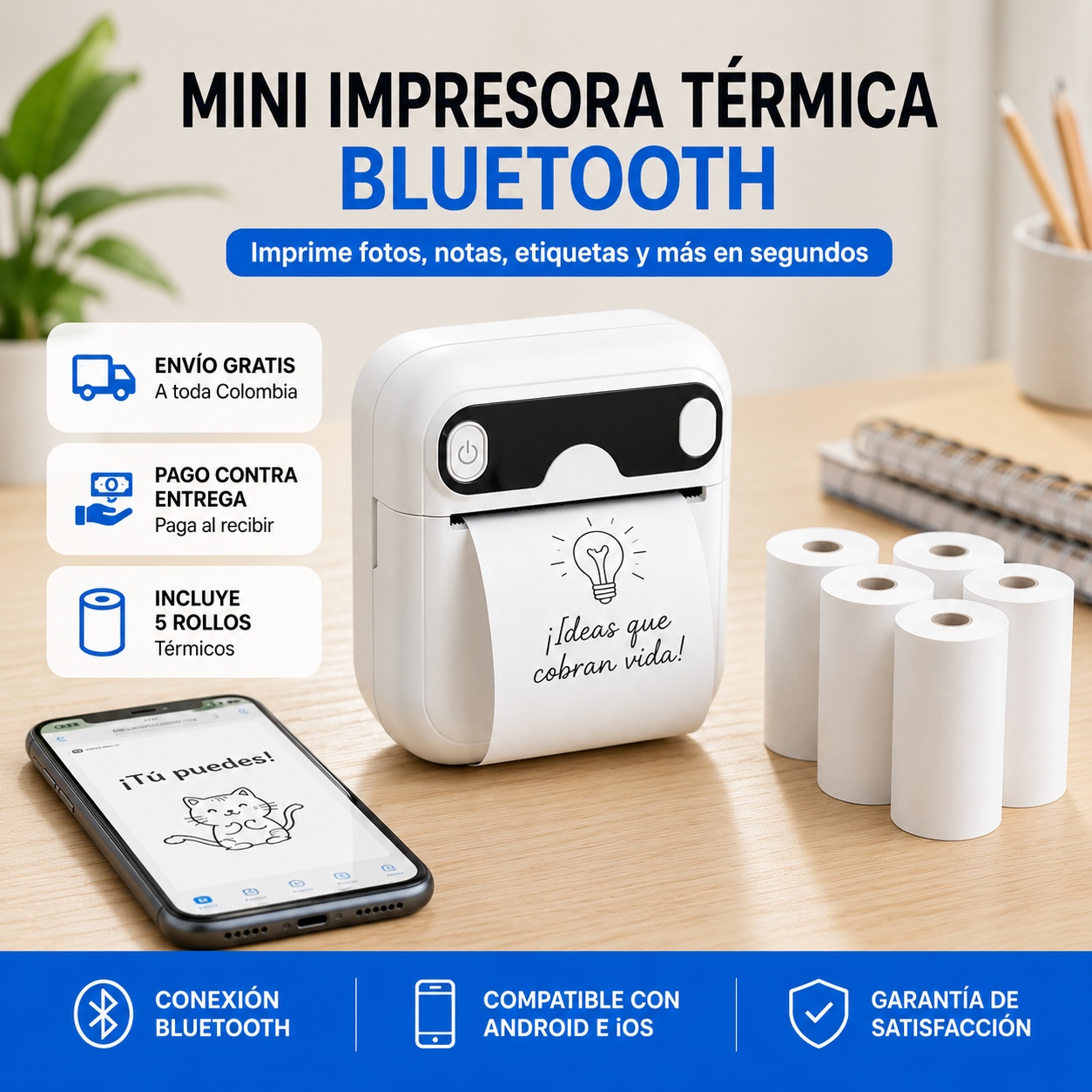 Mini Impresora Térmica Bluetooth | Imprime Fotos, Notas y Etiquetas en Segundos