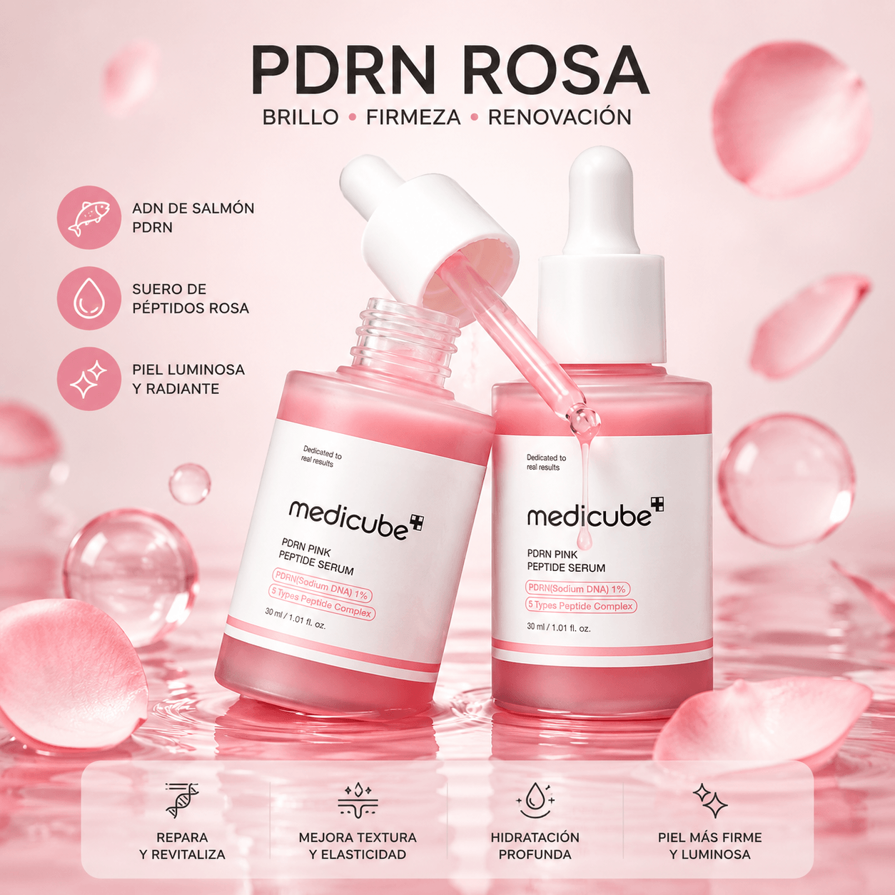 Medicube PDRN Pink Peptide Serum 30ml para hidratação profunda, firmeza e brilho da pele.