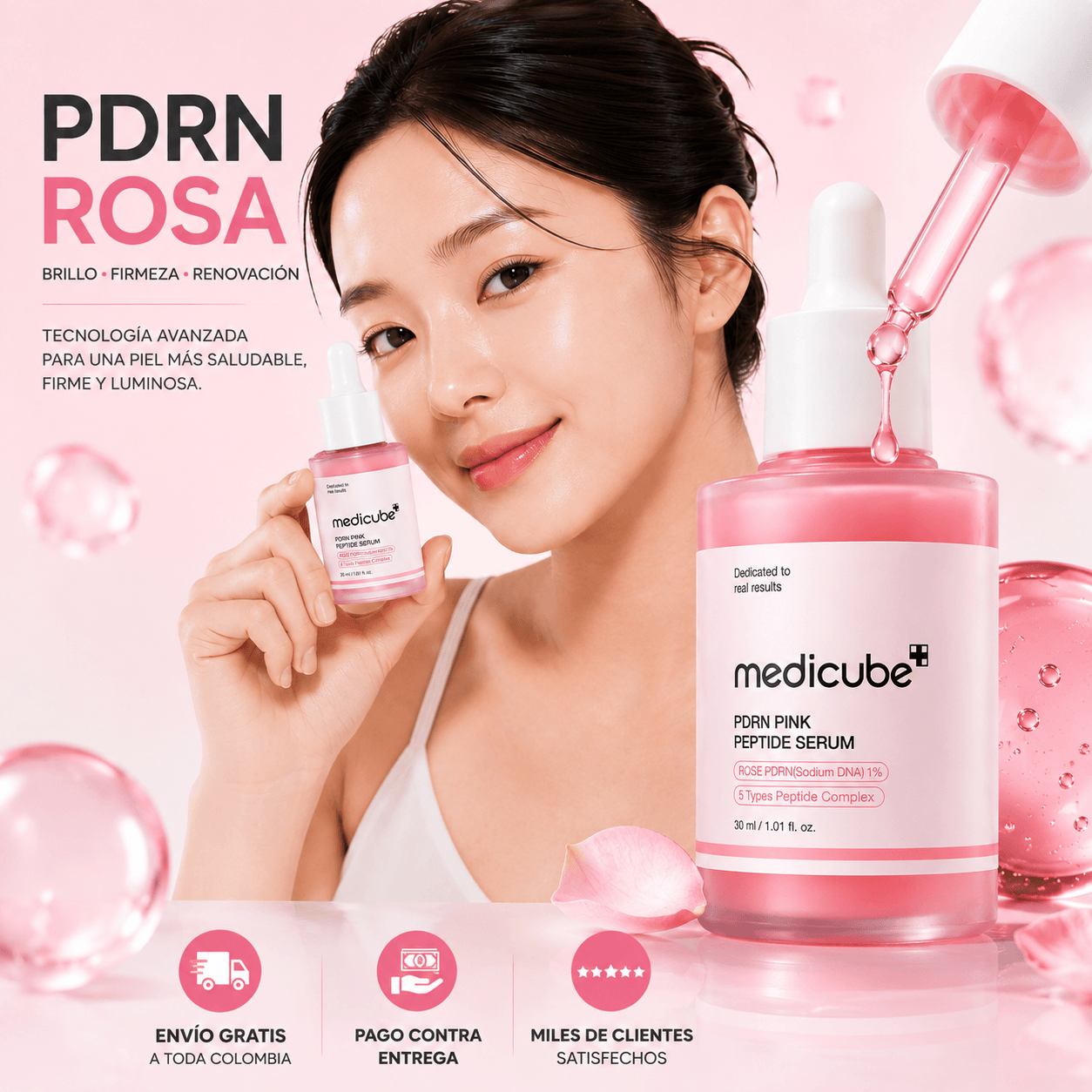 Serum Medicube PDRN Pink Peptide Serum para hidratação, firmeza e brilho da pele.